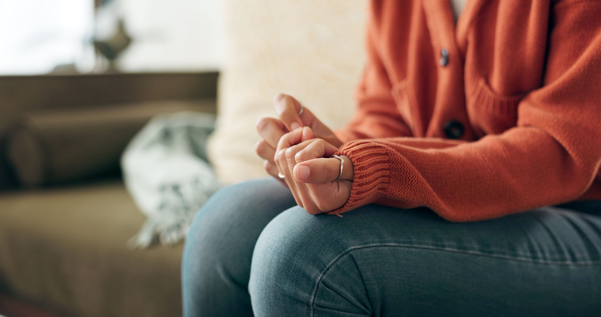 Closeup,Hands,,Anxiety,And,Woman,On,Sofa,For,Mental,Health,