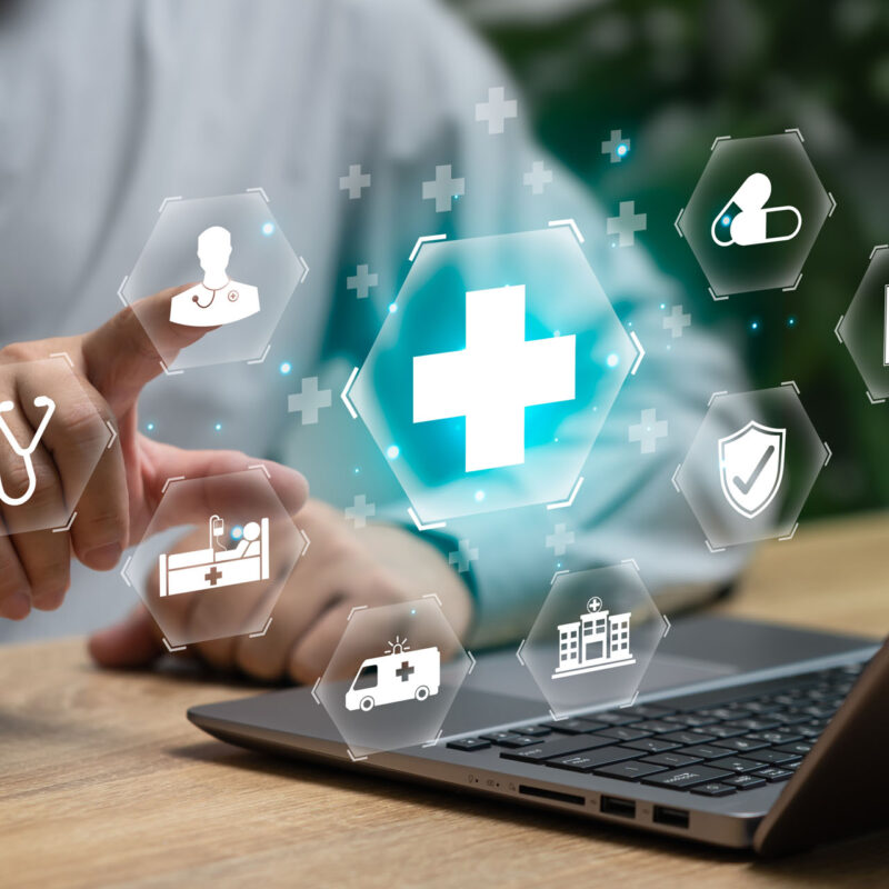 Healthcare insurance concept, Medical network connection, Businessman touch doctor icon